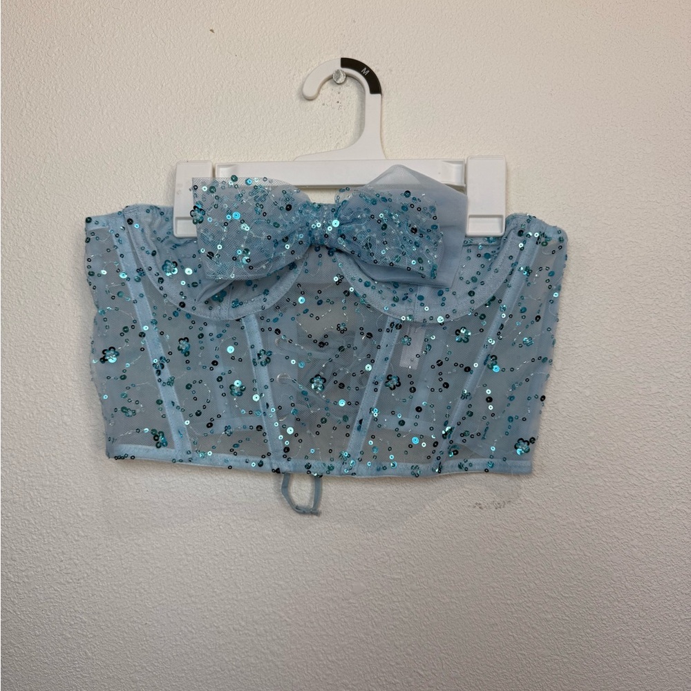 Out From Under UO Sequin Mesh Corset Top M | Fairycore Y2K Lace Up Bow Bustier - Picture 3 of 5